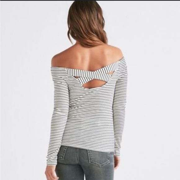 Lucky Brand Stripe Off Shoulder Ribbed Top Long Sleeve Criss Cross Back Size XS - Picture 1 of 7